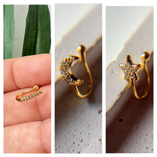 Set of 3 SLIM , MOON & STAR press nose pins