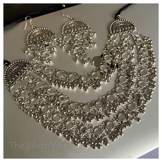 Mirror three layered necklace with earrings TSV895